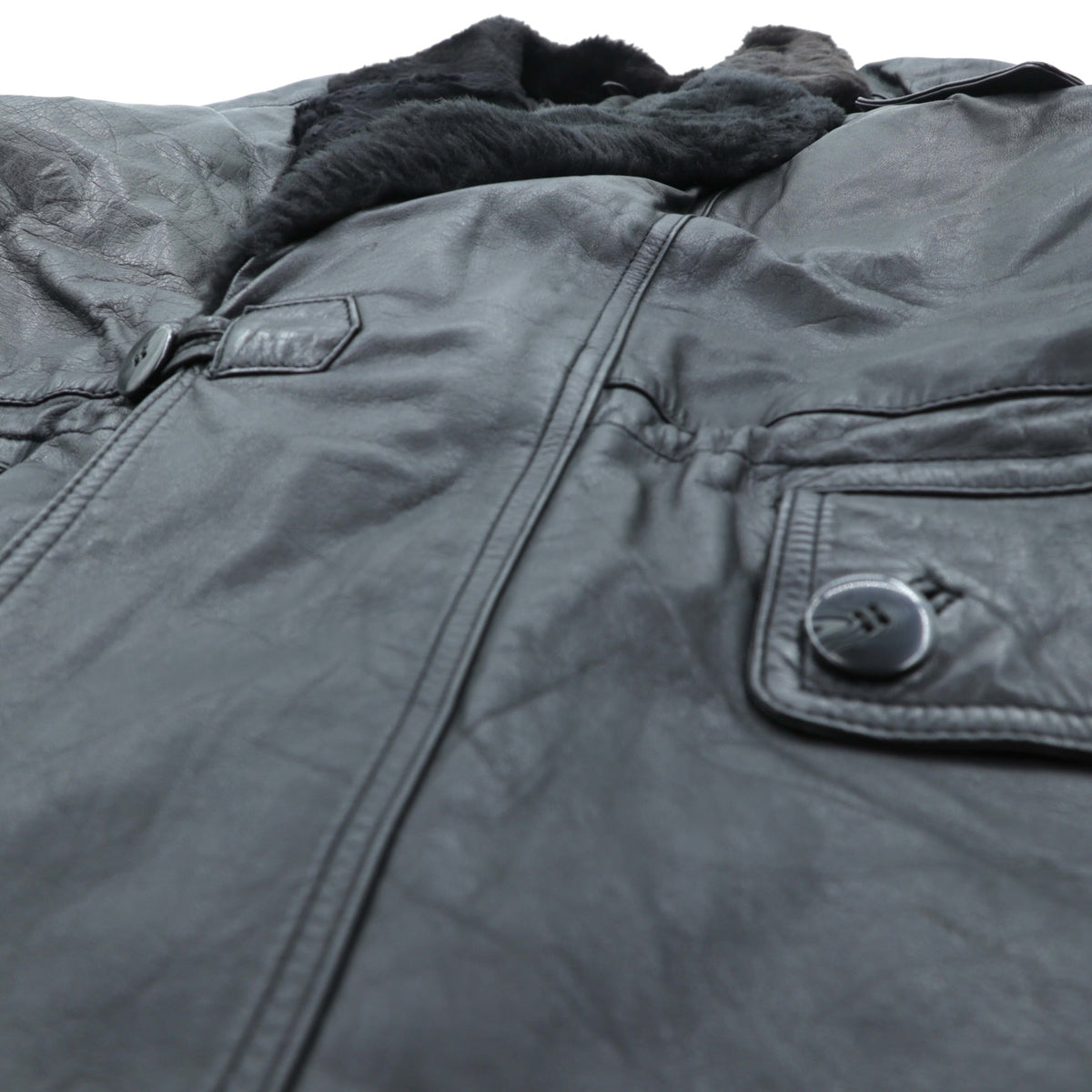 Vintage Black Leather Fur Coat ダブルブレスト レザー カーコート 中綿 XL ショールカラー ファー キルティングライナー ドローコード ZINIZ HOMME