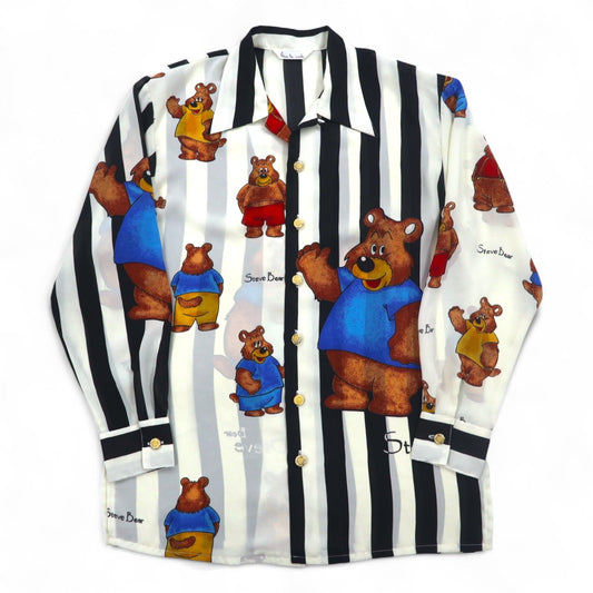 Vintage 90s Japan Made Open Collar Retro Shirt オープンカラー ポリシャツ M ストライプ 総柄 テディーベア 金ボタン レトロ 日本製