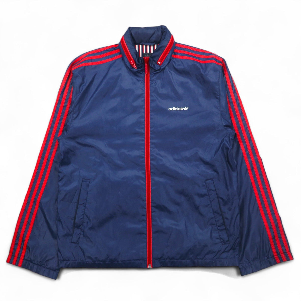 adidas originals 00年代 ナイロンジャケット ジャージ S ネイビー 3ストライプ フード収納式