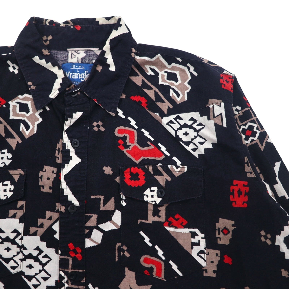 Wrangler 90年代 ネイティブ 総柄 ウエスタンシャツ L ブラック コットン フラップ 胸ポケット