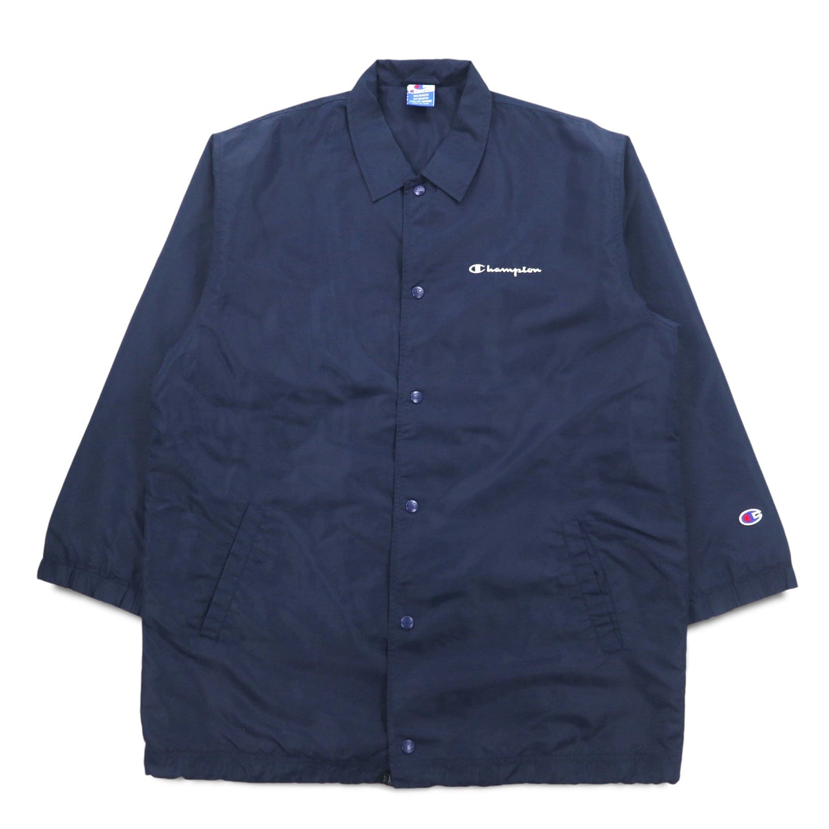 Champion 90年代 ロング コーチジャケット M ネイビー スクリプトロゴ バックプリント