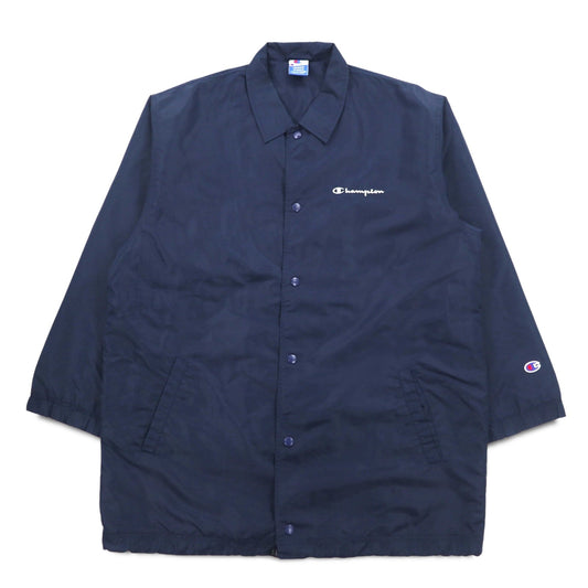 Champion 90年代 ロング コーチジャケット M ネイビー スクリプトロゴ バックプリント