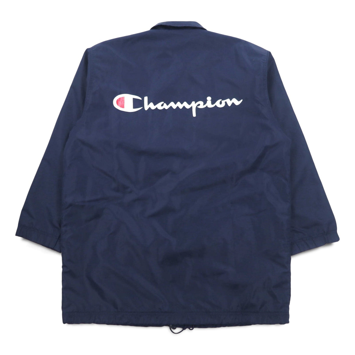 Champion 90年代 ロング コーチジャケット M ネイビー スクリプトロゴ バックプリント