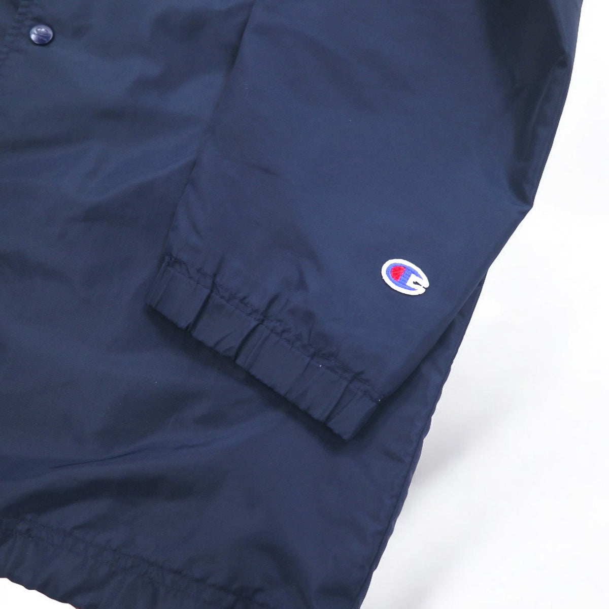 Champion 90年代 ロング コーチジャケット M ネイビー スクリプトロゴ バックプリント