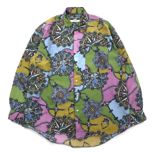Vintage 90s Retro Shirt KABUL 90年代 総柄 ポリシャツ 2XL カーキ ポリエステル レトロ