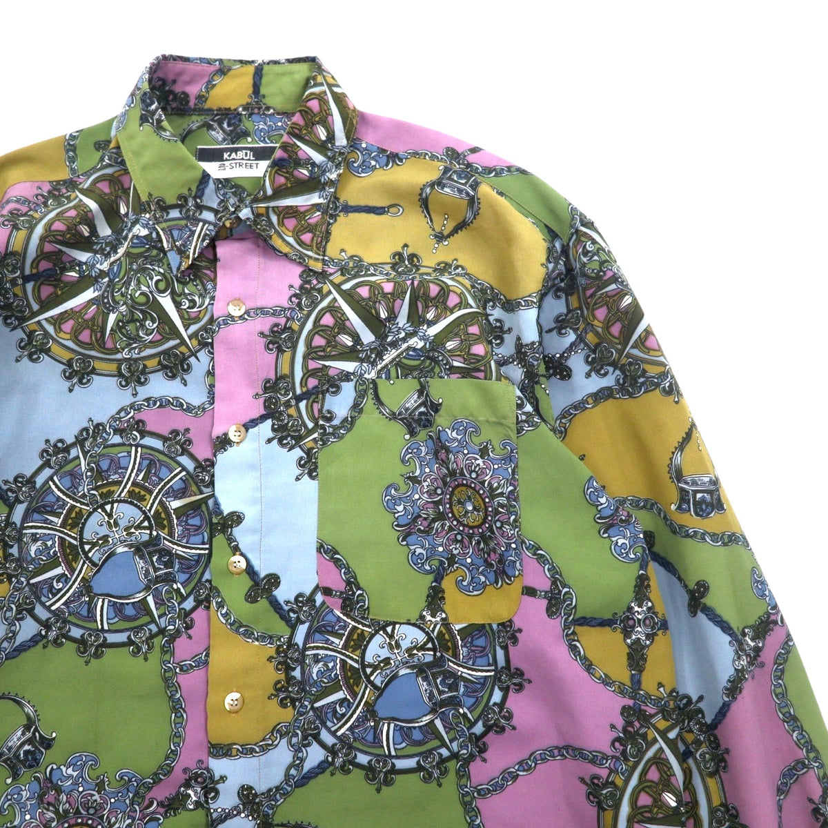 Vintage 90s Retro Shirt KABUL 90年代 総柄 ポリシャツ 2XL カーキ ポリエステル レトロ
