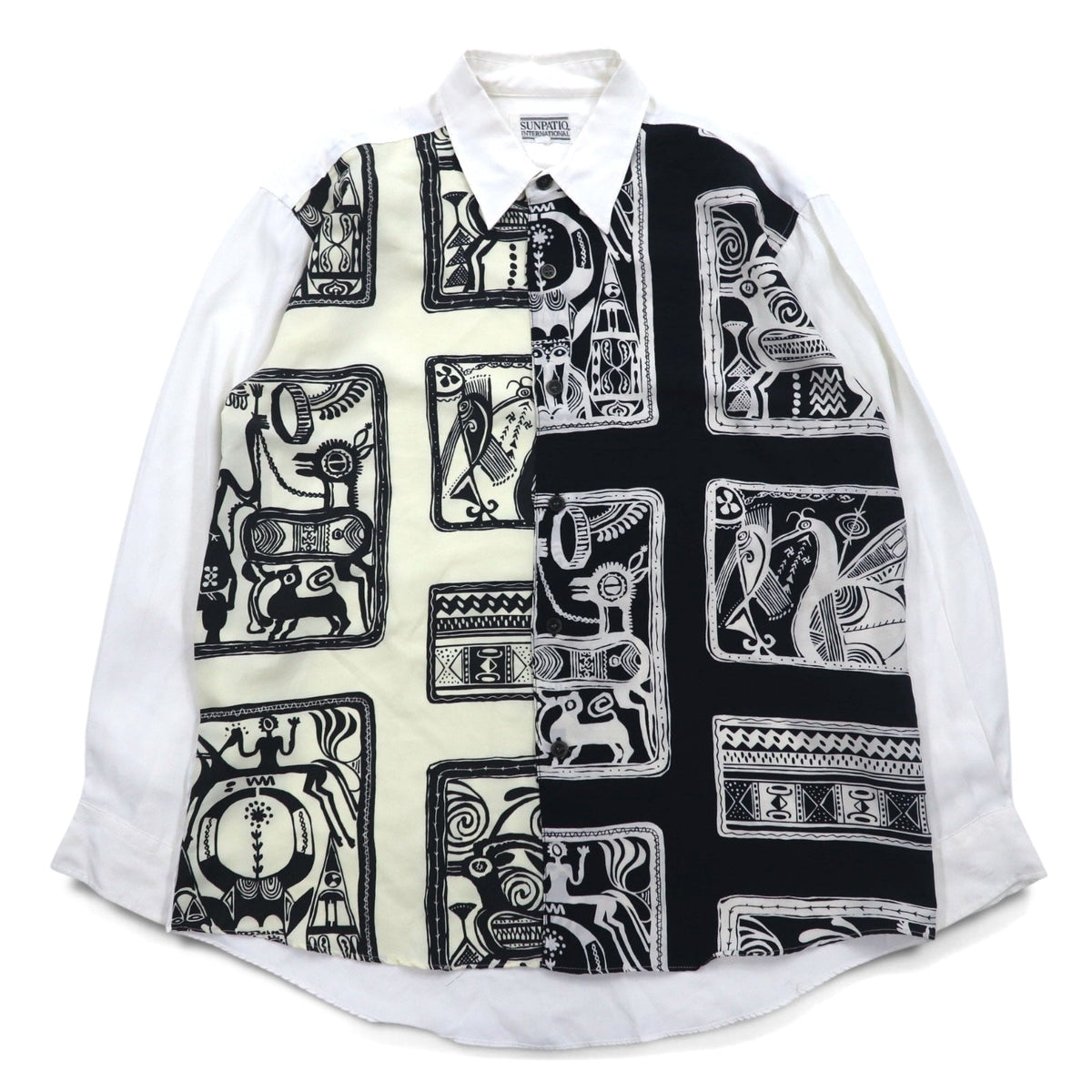 Vintage 90s Japan Made Retro Shirt 90年代 SUNPATIO ポリシャツ FREE ホワイト 総柄 日本製