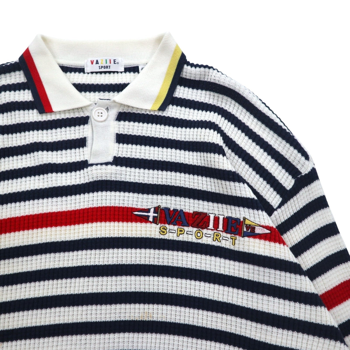 Vintage 90s Retro Preppy Polo Sweater VAZIIE SPORT 90年代 ポロ ワッフルニット L ボーダー コットン ロゴ刺繍 日本製