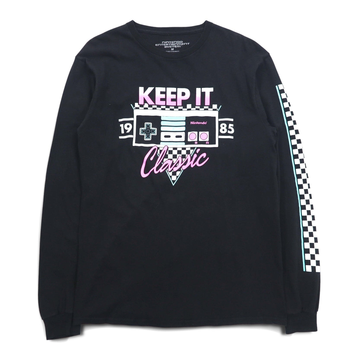 NINTENDO 1985 任天堂 ロングスリーブTシャツ ロンT M ブラック 袖プリント フラッグチェック