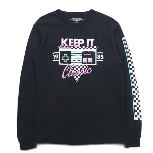 NINTENDO 1985 任天堂 ロングスリーブTシャツ ロンT M ブラック 袖プリント フラッグチェック