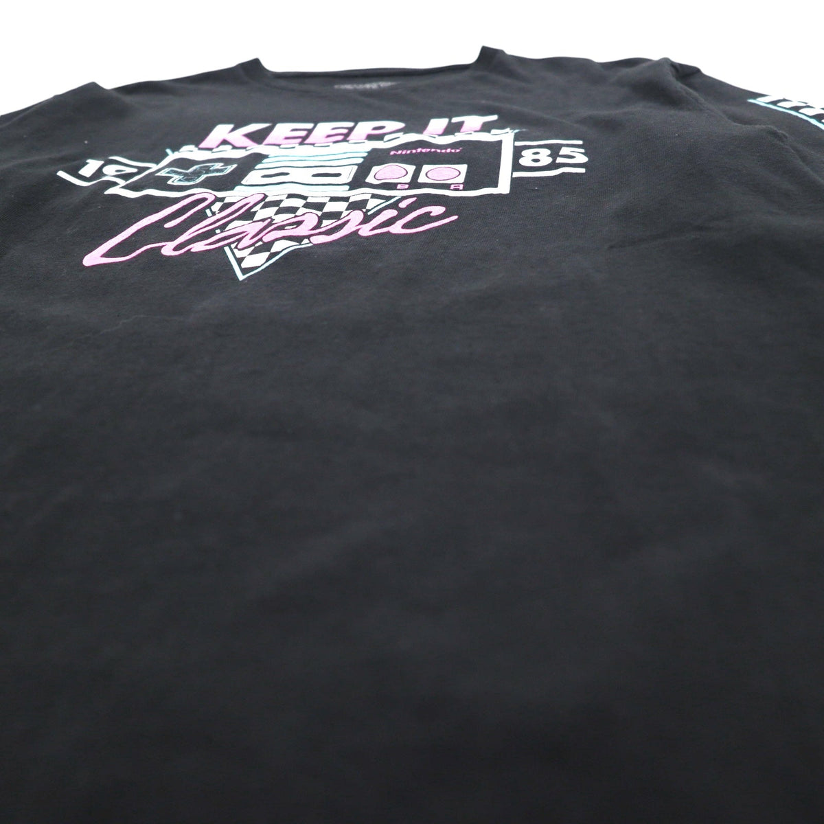 NINTENDO 1985 任天堂 ロングスリーブTシャツ ロンT M ブラック 袖プリント フラッグチェック