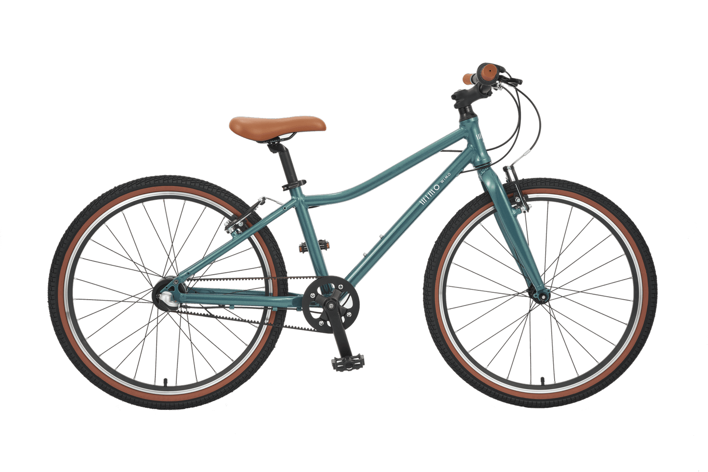 wimo kids 24 (Kale / ケール）| 24インチ子供自転車 in blue-green color with brown accents.