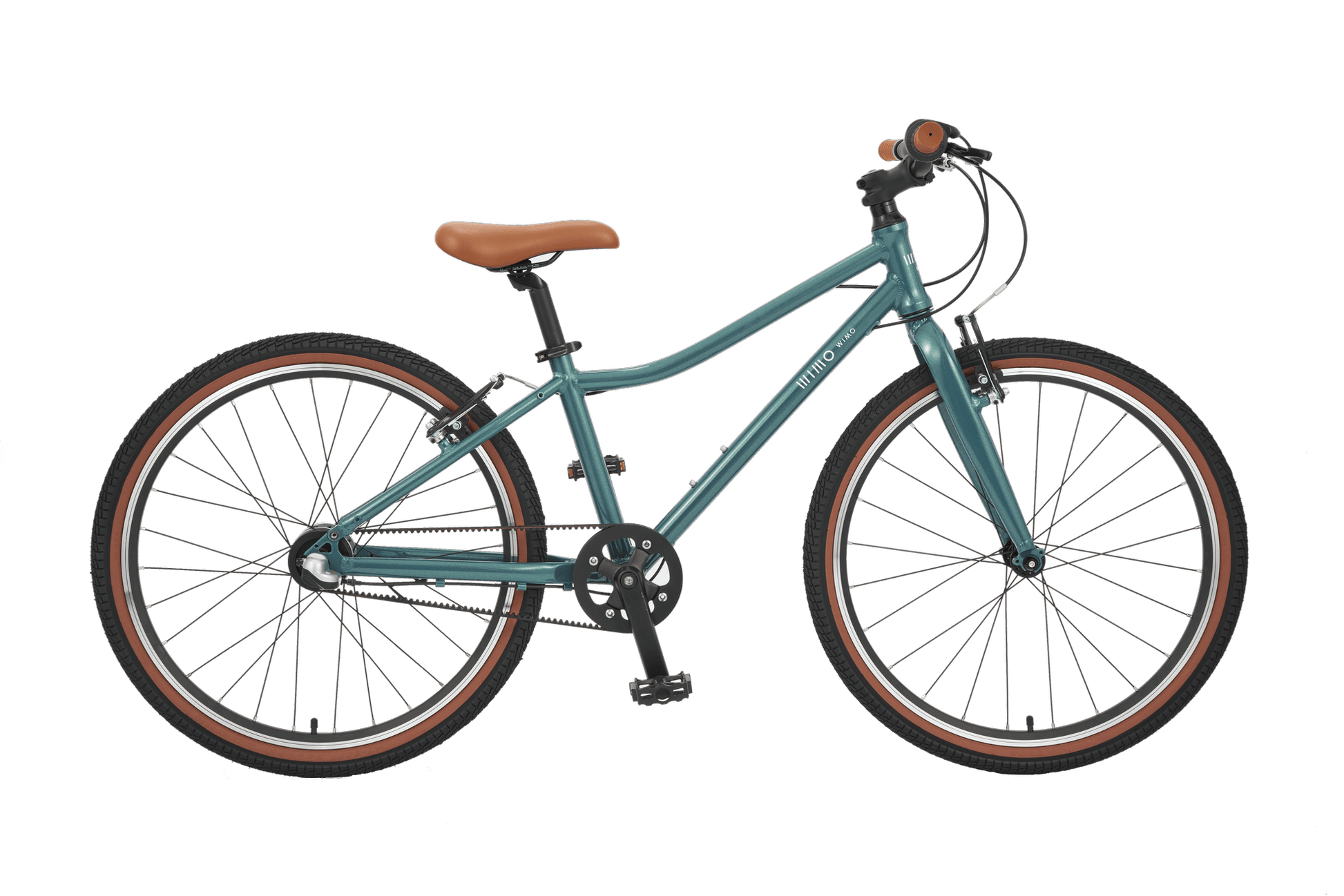 wimo kids 24 (Kale / ケール）| 24インチ子供自転車 in blue-green color with brown accents.