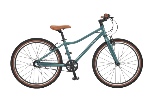 wimo kids 24 (Kale / ケール）| 24インチ子供自転車 in blue-green color with brown accents.